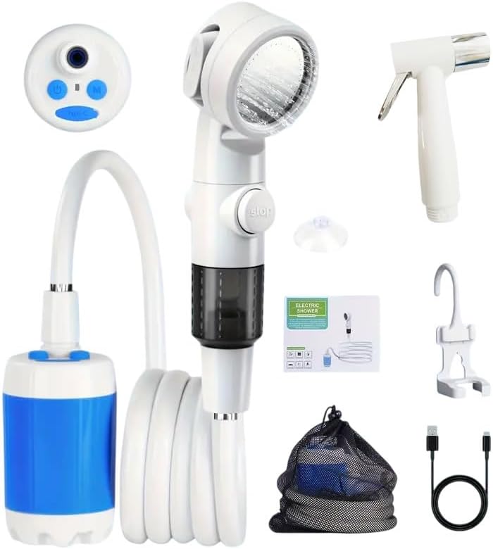 HDView Portable Camping Shower Pump, Rechargeable Outdoor Shower Head Sprayer, Pumps Water from Bucket. For Camping, Hiking, Travel, Pet Cleaning, Car Washing - Image 1